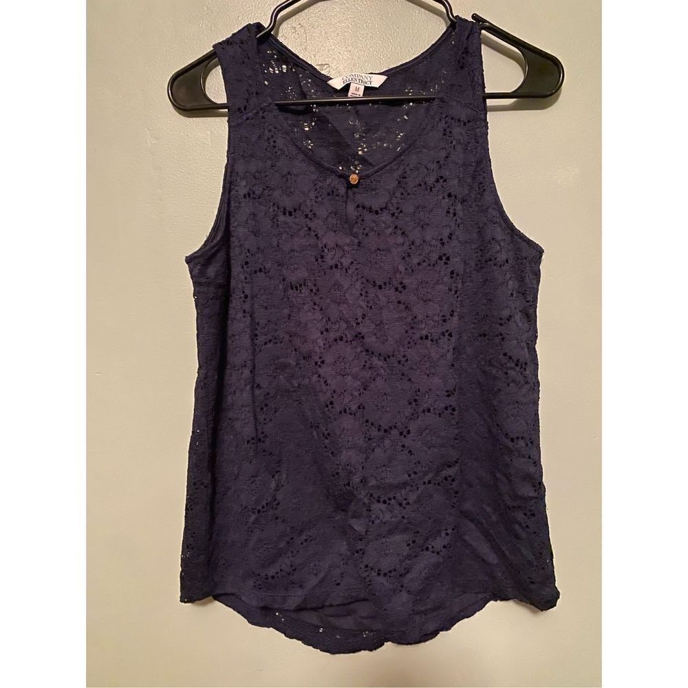 Ellen Tracy Co Women’s Tank Top Blouse Navy Lace Sleeveless Gold Button M